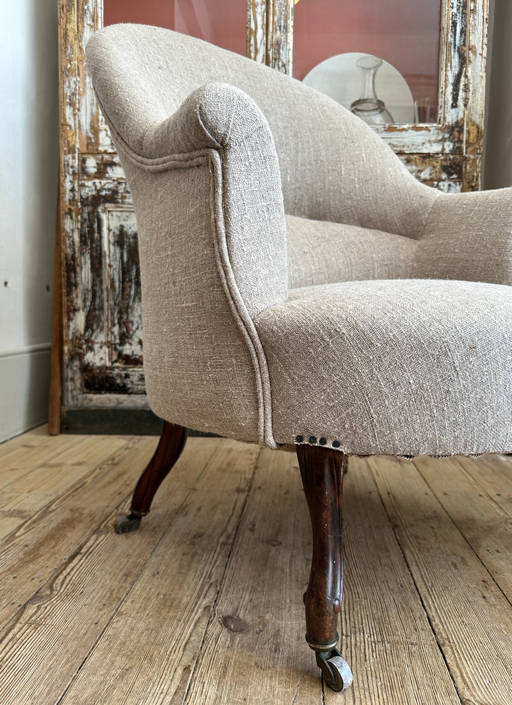 Newly upholstered linen covered armchair