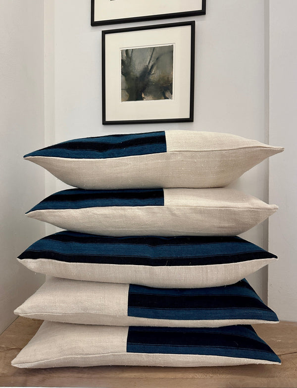 Vintage Fabric Cushions in Blue & Black Stripe
