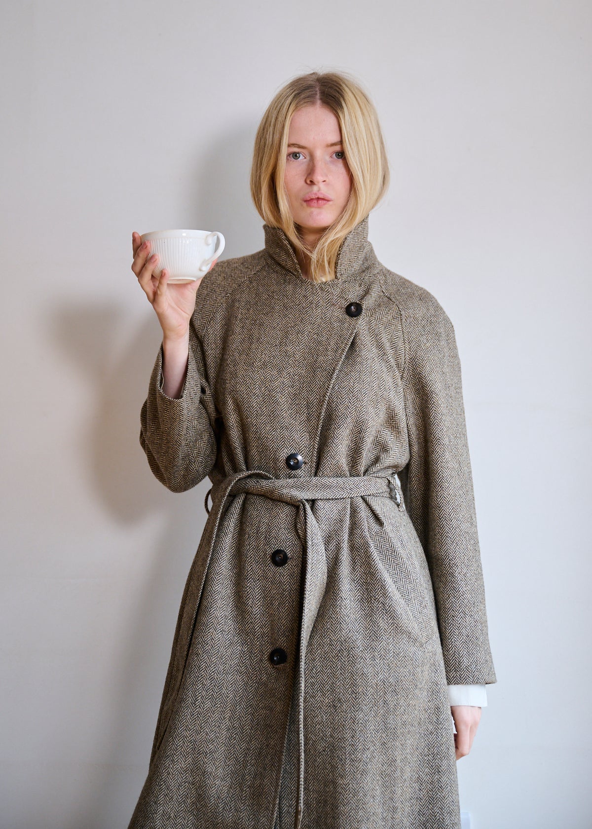 Light Woollen Coat in Herringbone