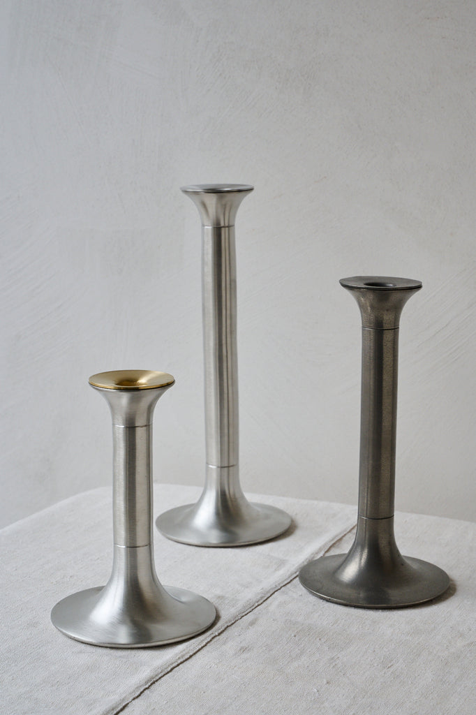 3 sizes of Freight's pewter candlesticks, made in Birmingham