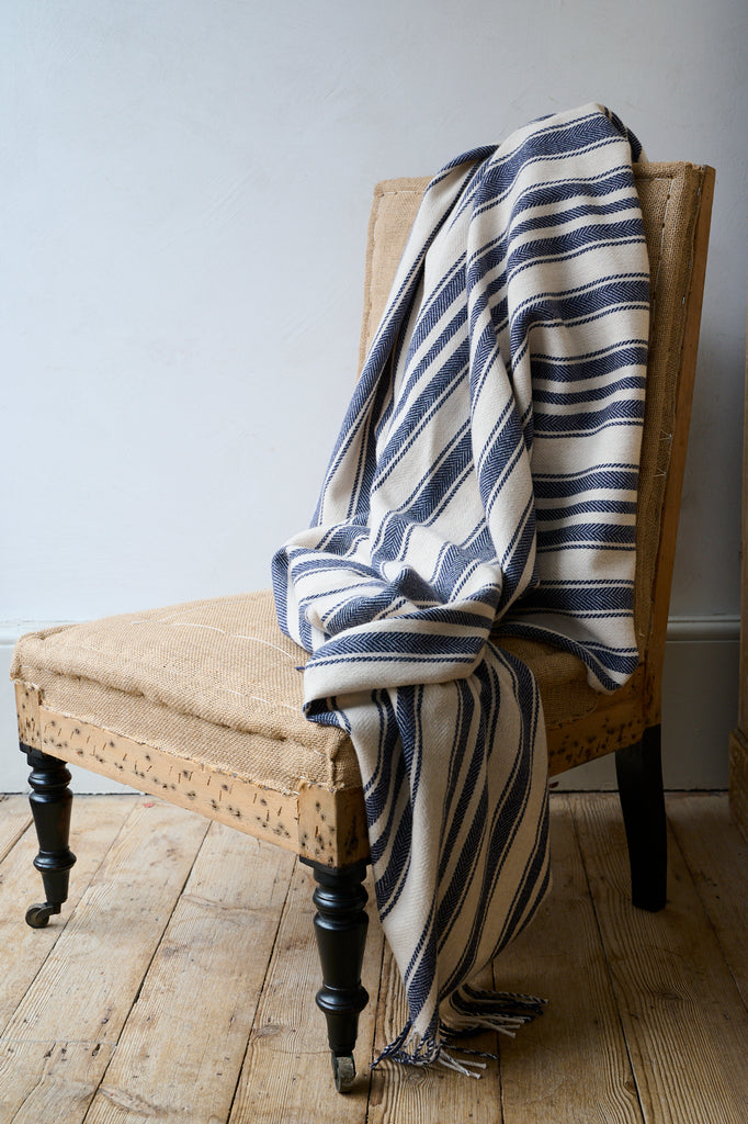 Super soft striped indigo blanket made in the UK