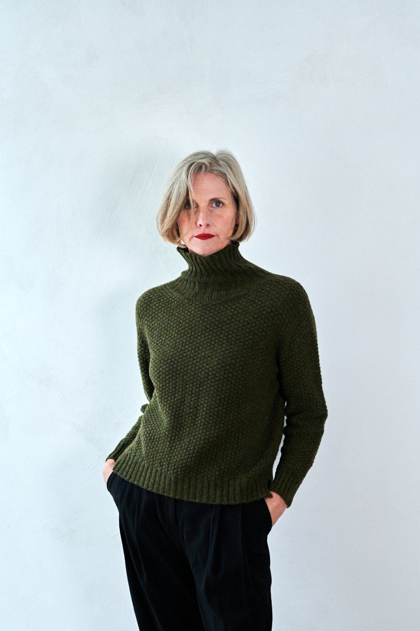 Moss Green Jumper With A Moss Stitch Texture And Funnel Neck