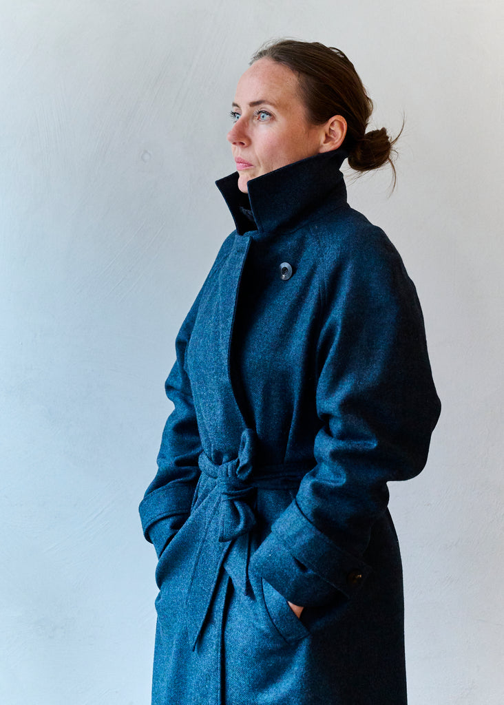 Womens woollen winter coat in Blue marl