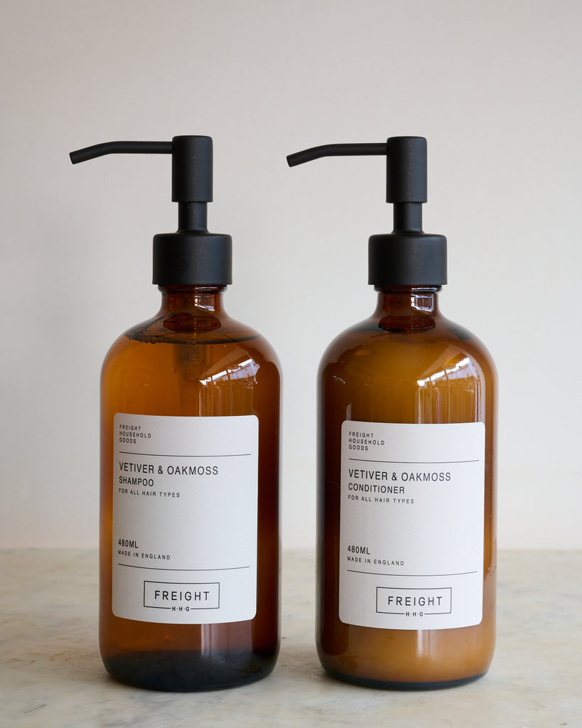 Vetiver and Oakmoss Shampoo and Conditioner in Brown Glass Bottles