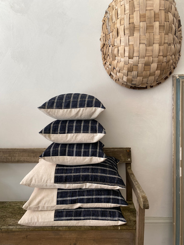 Navy and Cream Stripe Cushions in Vintage Fabric