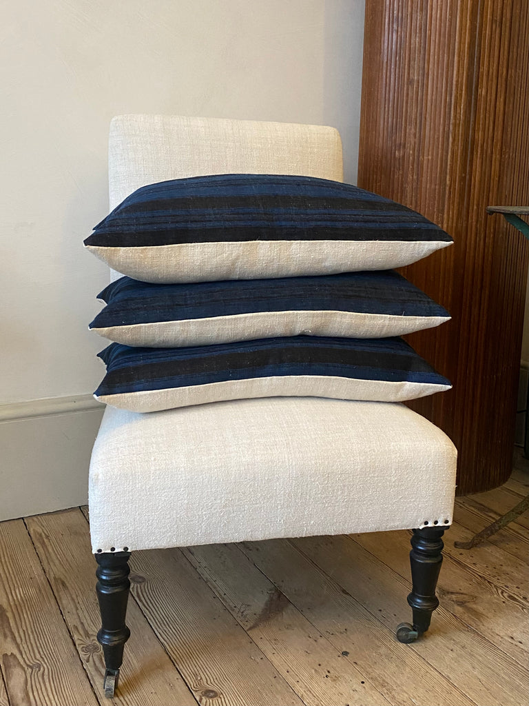 Blue Cushions with Multiple Black Stripes in Vintage Fabric