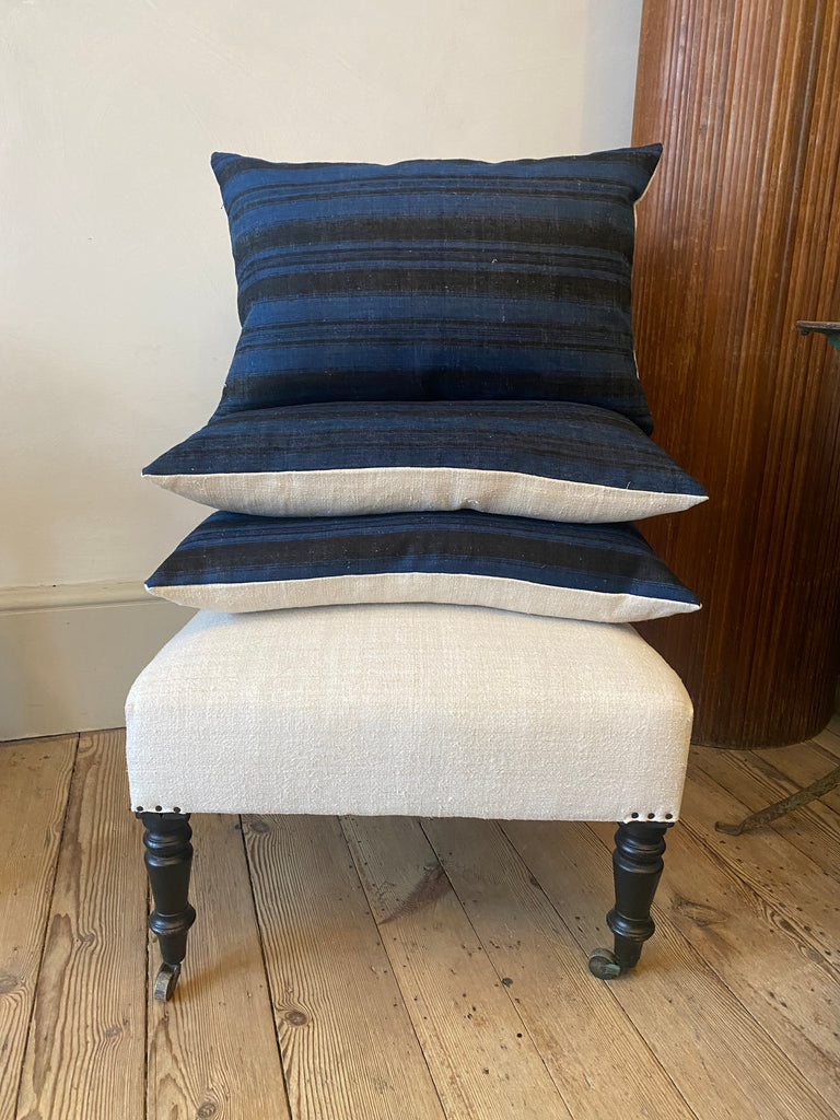 Blue Cushions with Multiple Black Stripes in Vintage Fabric