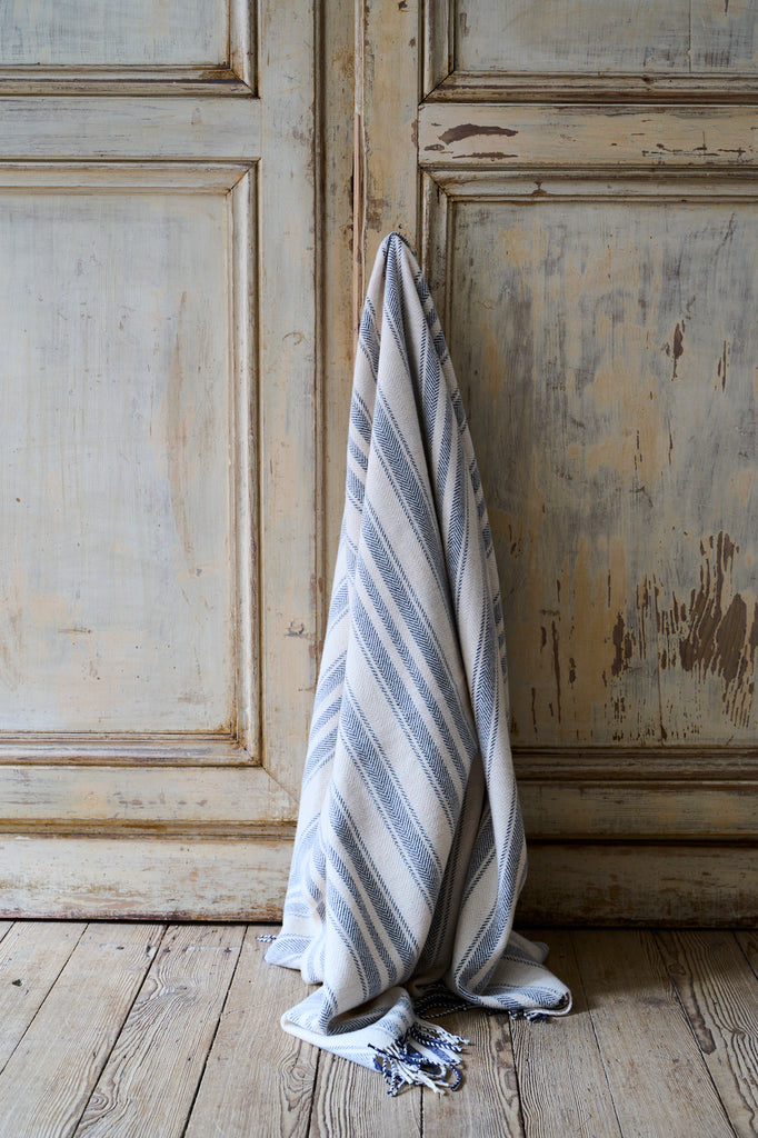 Reverse of super soft striped indigo blanket