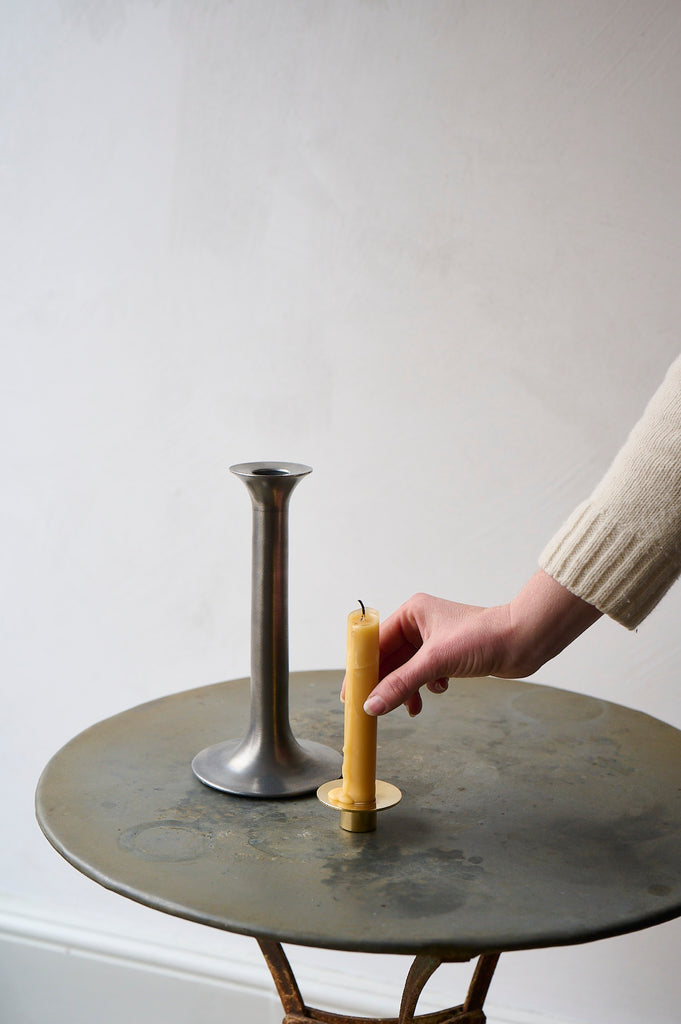 Aged pewter candlestick (Tudor finish) with beeswax candle in a removable brass candle holder fitting