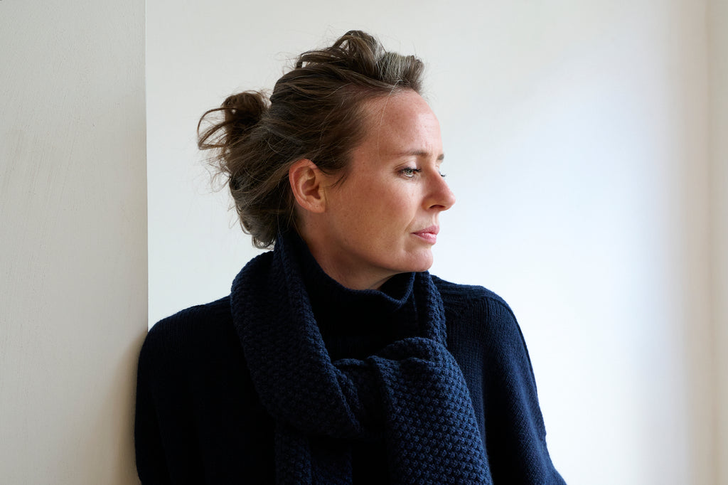 Indigo Scarf With A Moss Stitch Texture Made From Wool And Cashmere