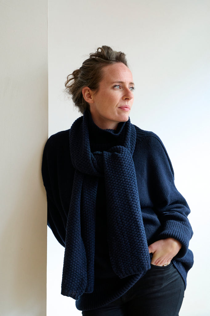Indigo Colour Moss Stitch Scarf Designed By Freight Made With Lambswool And Cashmere